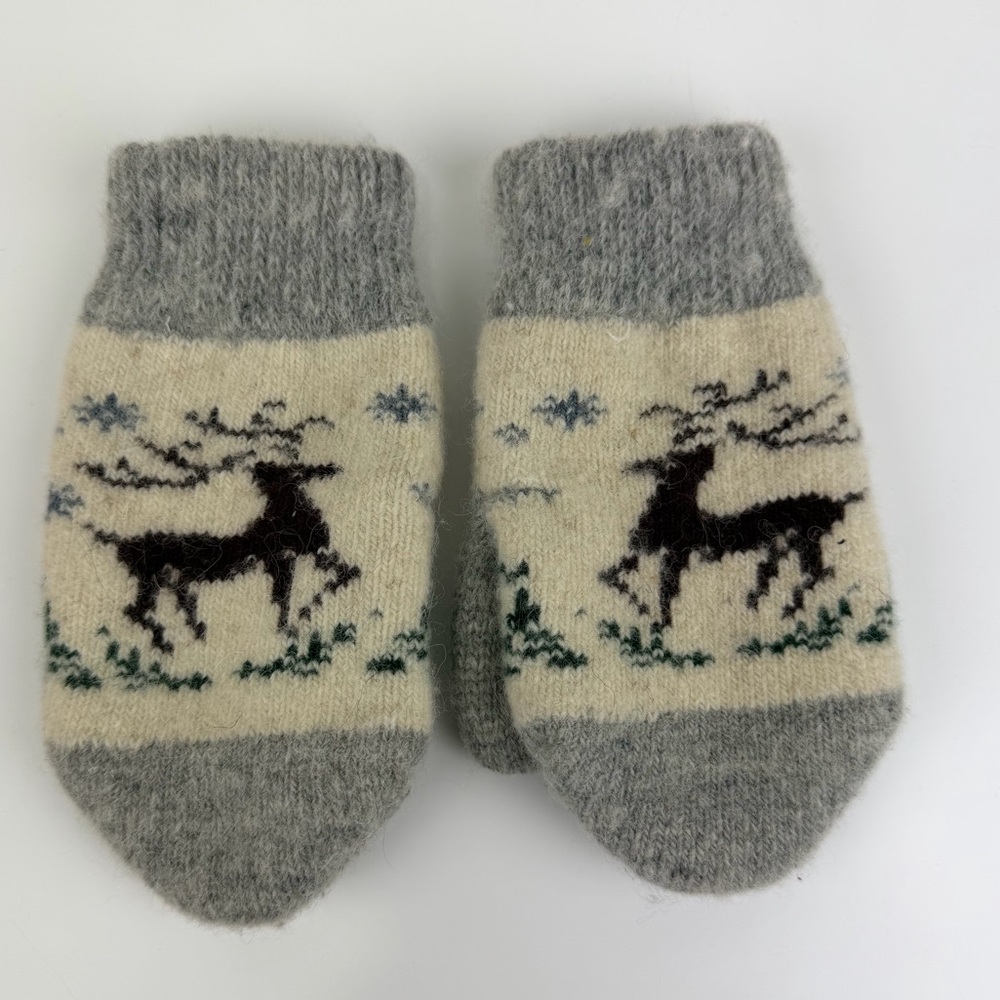 Kids Wool Hand Knit Unisex Mittens Nordic Deer & Tree Pattern Gray Cream Age 4–5